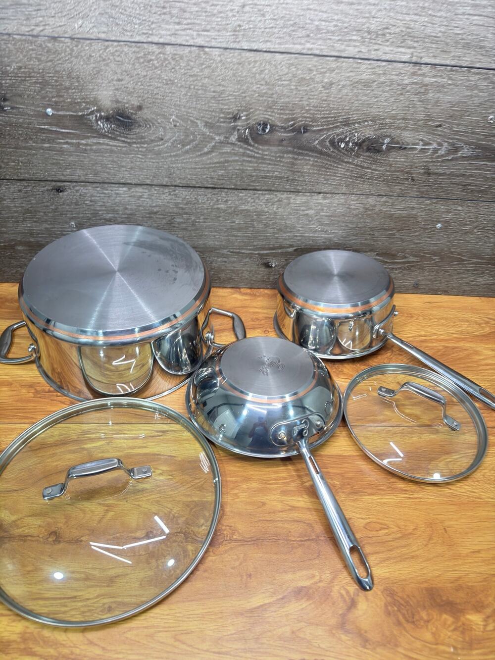 All Clad Emeril Copper Core 2 qt Pan +6 qt stock pot + 8" Skillet~5 Pc Set